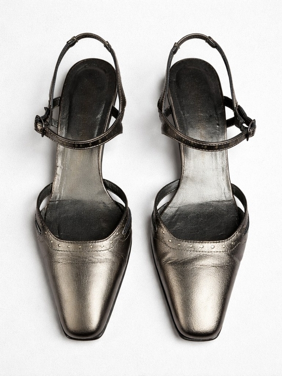 Vero Cuoio Shoes - Italian Leather Metallic Pewter Slingback Heels |Size 8 AA Narrow Y2K Square Toe